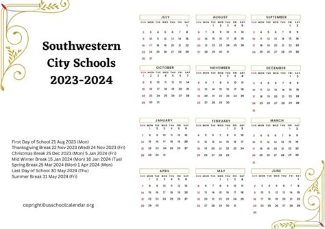 Southwestern City Schools Calendar with Holidays 2023-2024