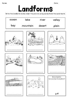 Landforms & Bodies of Water Picture Recognition Worksheet by Chelsea Smith