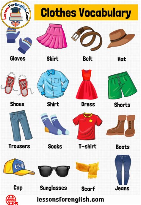 English Clothes Names Vocabulary, 16 Clothes Names with Pictures Gloves Cap Sunglasses Scarf J ...