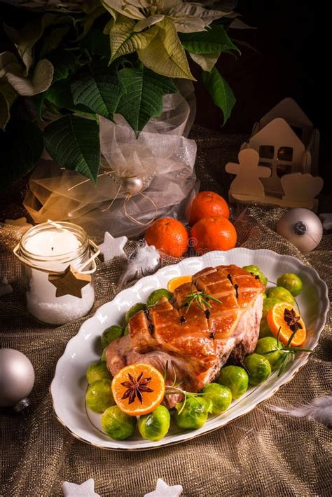 Christmas Dinner with Brussels Sprouts in Orange Sauce Stock Photo - Image of crust, garnish ...