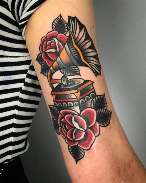 Traditional style gramophone tattoo on the left bicep. Tattoo Artist: Harry Harvey | Traditional ...