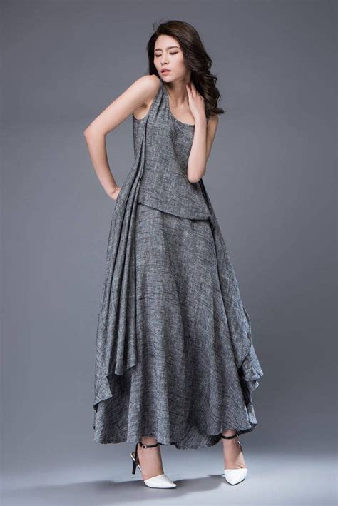 Gray Linen Dress Layered Flowing Elegant Sleeveless Long Summer Dress With Scoop Neck Handmade ...