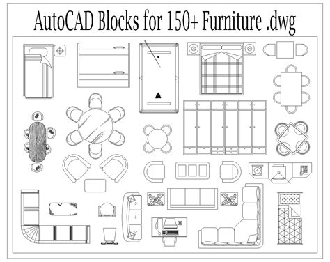 Autocad 2D DWG Furniture Block Drawings Templates home Decor Set of 150 ...