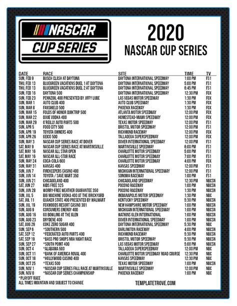 Printable 2020 NASCAR Schedule