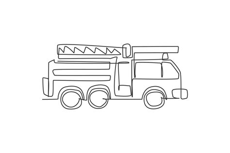 Continuous one line drawing of emergency road vehicle fire engine. Fire truck rescue as fire ...