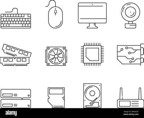 Pc components icons. Processor ssd cpu power adapter ram memory and hdd linear vector symbols ...