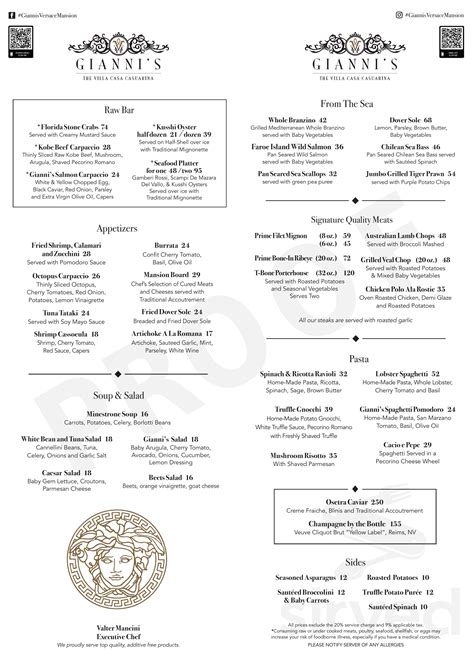 Gianni's At The Former Versace Mansion menu in Miami Beach, Florida, USA