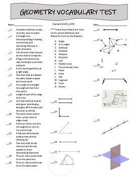 Geometry G-CO1 Vocabulary Test with Pictures, Definitions and Terms.