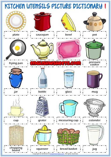 Kitchen Utensils ESL Picture Dictionary Worksheets For Kids | Kitchen ...