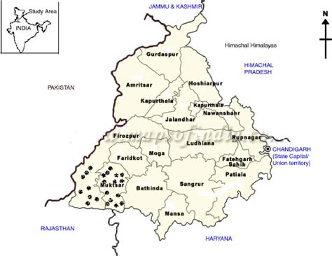 Map of Punjab showing Muktsar and Ferozepur area surveyed during the... | Download Scientific ...