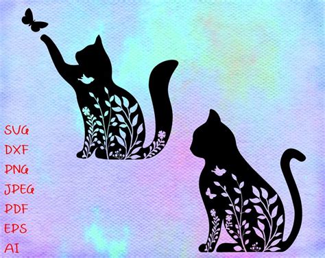 Floral Cat SVG, Cat SVG Files for Silhouette Cameo & Cricut.Floral Animal,Floral Cat Silhouette ...