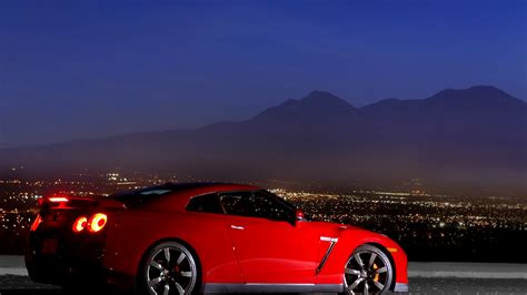 Wallpaper : lights, mountains, night, red cars, sports car, Nissan GT R ...