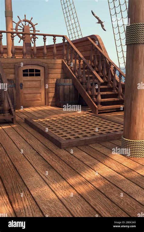 Outside of pirate old ship. Daylight view of ship background. 3d illustration of deck of a ...