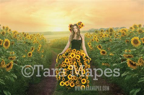 Sunflower Digital Backdrop - Sunflower Field with Path in Soft Field and Sunset - Sunflower ...