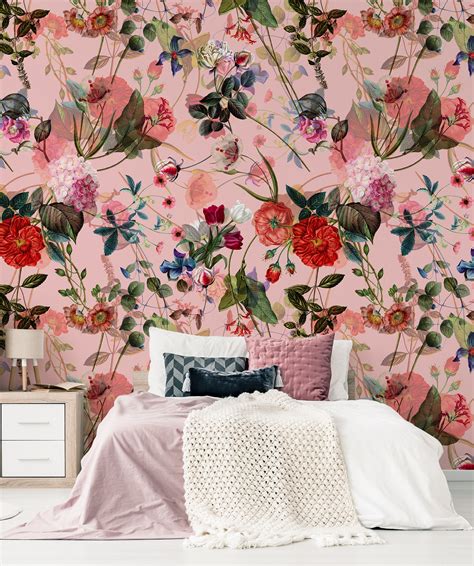 Pink Floral Wallpaper Peel and Stick Wall Mural With Painted - Etsy