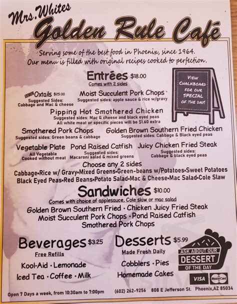 Menu for Mrs White's Golden Rule Cafe in Phoenix, AZ | Sirved