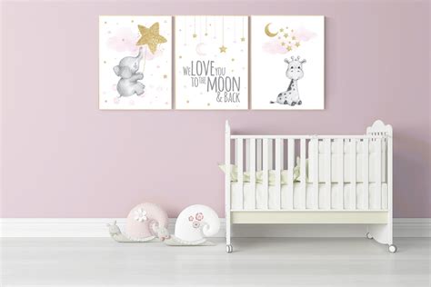 Nursery wall art girl, giraffe nursery, baby room decor girl gold and ...