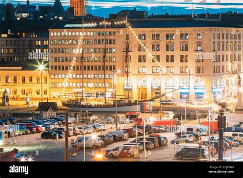 Helsinki, Finland. Evening Night View Of Market Square And Traffic On Pohjoisesplanadi Street ...