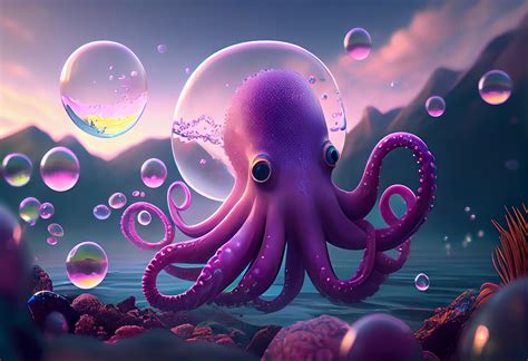 A surrealistic hyperrealistic fairytale cute octopus. The background is ...