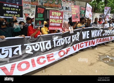 Dhaka, Bangladesh, July 14, 2023 Voice of Victim Family stage a protest rally demanding justice ...