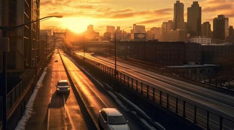 Premium AI Image | a highway with a sunset in the background