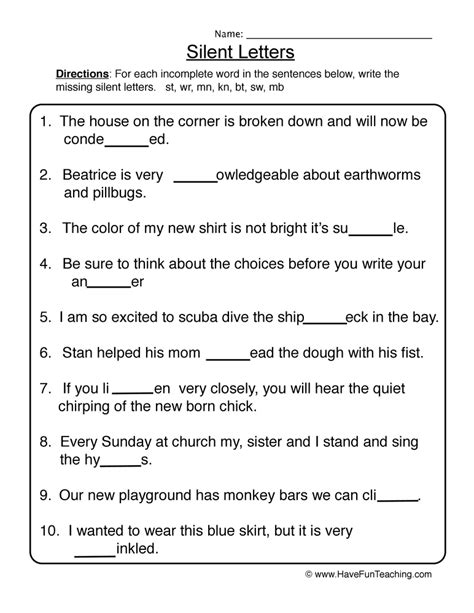 Silent Letters Worksheet by Teach Simple