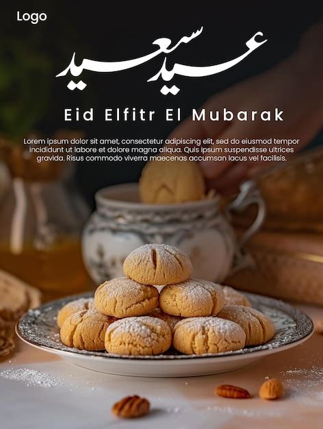 Premium PSD | PSD Eid Elfitr Mubarak Poster With Kahk Elid arabic cake in Eid Elfitr