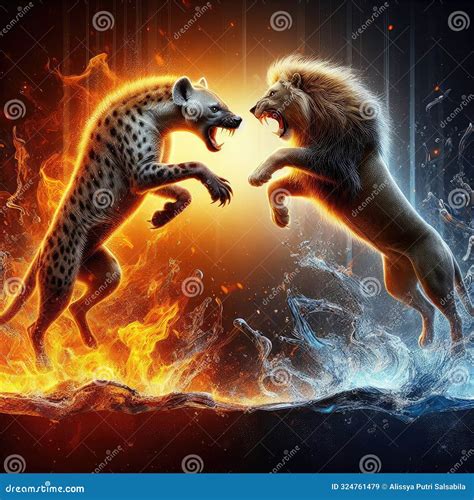 Lion and Hyena Fight with Water and Flames Background Stock Image - Image of meat, biodiversity ...