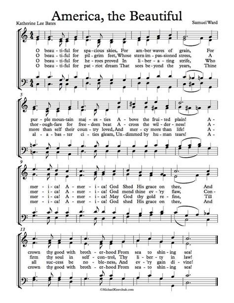 Free Choir Sheet Music For America The Beautiful By Katherine Lee Bates Samuel Ward. Key of C, D ...