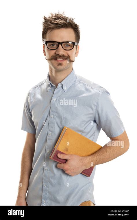 Dashing young man carries an old book, isolated on a white background ...