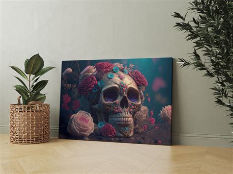 Sugar Skull Print Canvas Wall Art - Flower Skull Canvas Print Canada ...