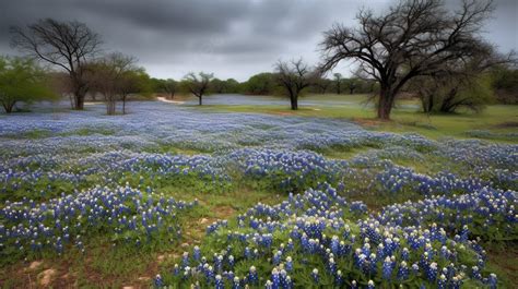 Beautiful Bluebonnet Field Along Trees Under Heavy Grey Clouds Background, Bluebonnets Pictures ...