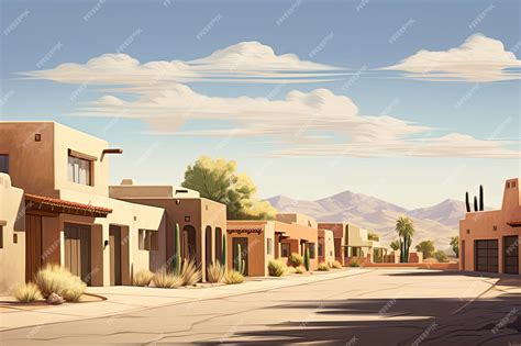 Premium Photo | A cartoon illustration of a neighborhood with mountains in the background.