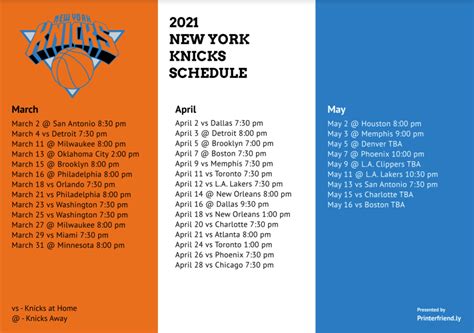 Printable New York Knicks 2020-21 schedule and TV schedule (updated) - Printerfriendly