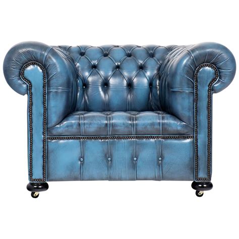 Vintage Steel Blue Leather Chesterfield Club Chair at 1stdibs