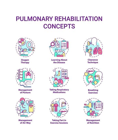 Pulmonary rehabilitation concept icons set. Respiratory diseases treatment idea thin line color ...