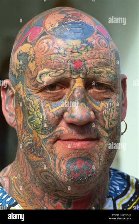 Man, bald head, look, tattoos, portrait, no model release Stock Photo ...