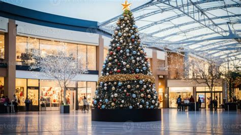 A giant Christmas tree in the middle of a shopping mall . Generative AI ...