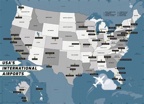 This decor map contains the names of all international airports in USA. | International airport ...