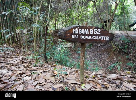 Sign, "bomb crater", tunnel system of Chu Chi, Viet Cong tunnel near Saigon, Ho Chi Minh City ...