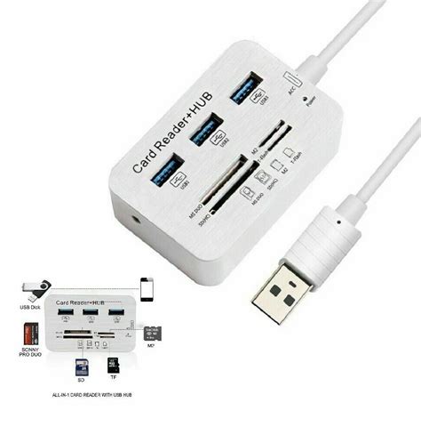 Card Reader and 3 Ports USB Hub, High Speed External Memory Card Reader (MS, Micro SD,SD/MMC,M2 ...