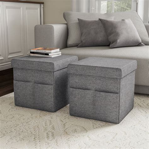 Foldable Storage Cube Ottoman with Pockets (Pair, Charcoal Gray) - Walmart.com