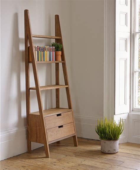 Natural Polished Teak Wood Rustic Wall Ladder Bookshelf Having Double Drawers Underneath In ...