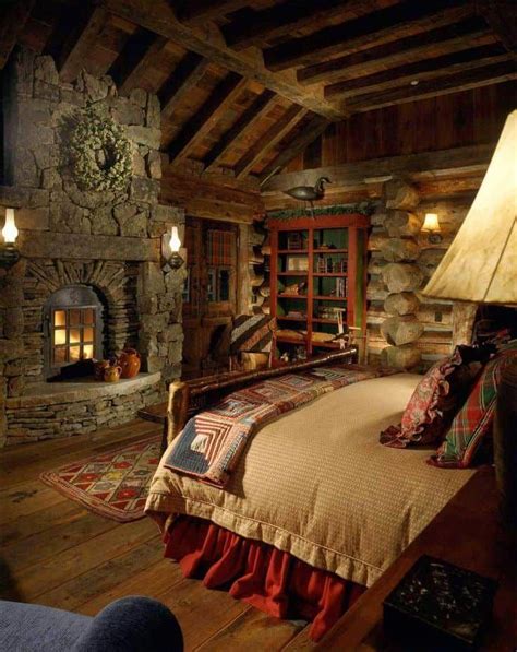 38 Rustic Country Cabins With A Stone Fireplace For A Romantic Get Away | Rustic bedroom design ...