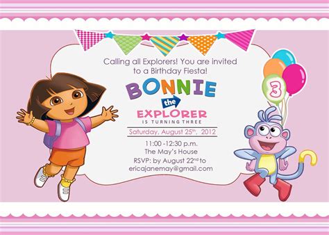 Dora the Explorer Printable Birthday Party Invitation Cards. | Explorer birthday party, Birthday ...