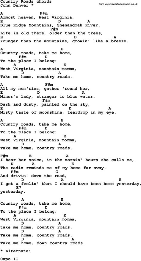 Country Roads Guitar Chords and Lyrics