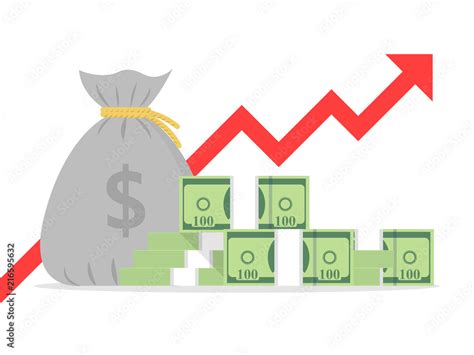 Profit money or budget vector illustration, flat cartoon pile of paper cash and rising graph ...