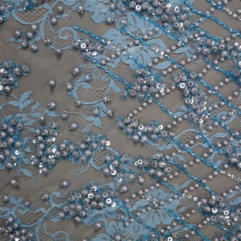 Light Blue Heavily Pearl Beaded Lace | Bead embroidery patterns, Fabric ...