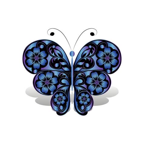 Blue Butterfly with Floral Pattern. Stock Vector - Illustration of blue ...