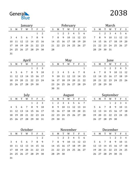 2038 Calendar (PDF, Word, Excel)